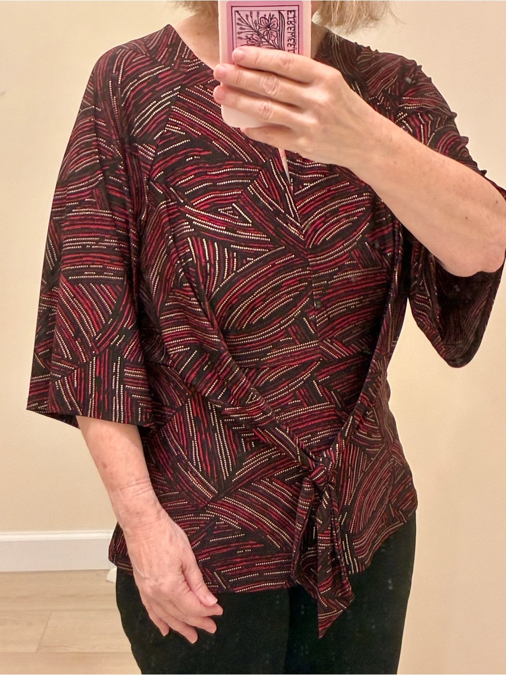 Kasper Burgundy and Black Abstract Tie-Front Blouse